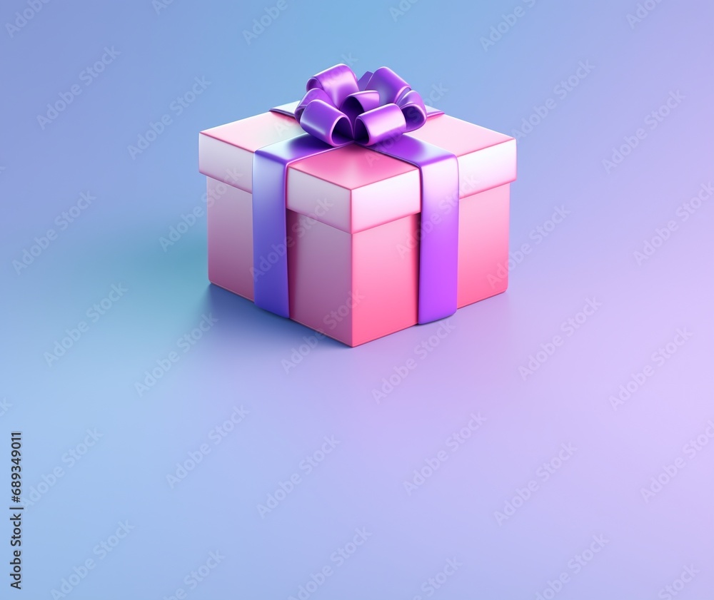 3d gift box decorated with metallic ribbon bow isolated on tech style pastel gradient color background with copy space. 3d gift box decorated with metallic ribbon bow isolated on tech style pastel gradient color background with copy space.