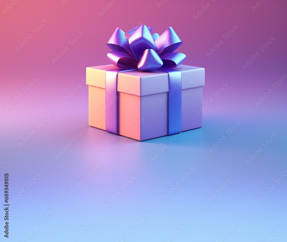 3d gift box decorated with metallic ribbon bow isolated on tech style pastel gradient color background with copy space. 3d gift box decorated with metallic ribbon bow isolated on tech style pastel gradient color background with copy space.