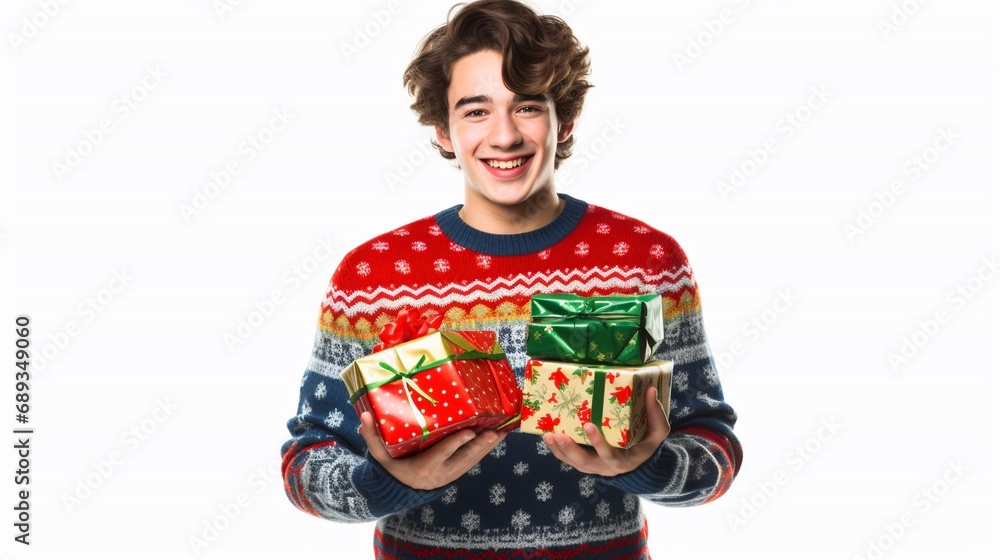 Young man in traditional holidays sweater holding stack of Christmas presents, smiling at camera, isolated on white background with copy space.