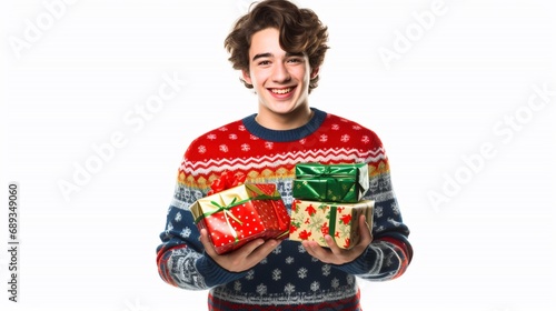 Young man in traditional holidays sweater holding stack of Christmas presents, smiling at camera, isolated on white background with copy space.