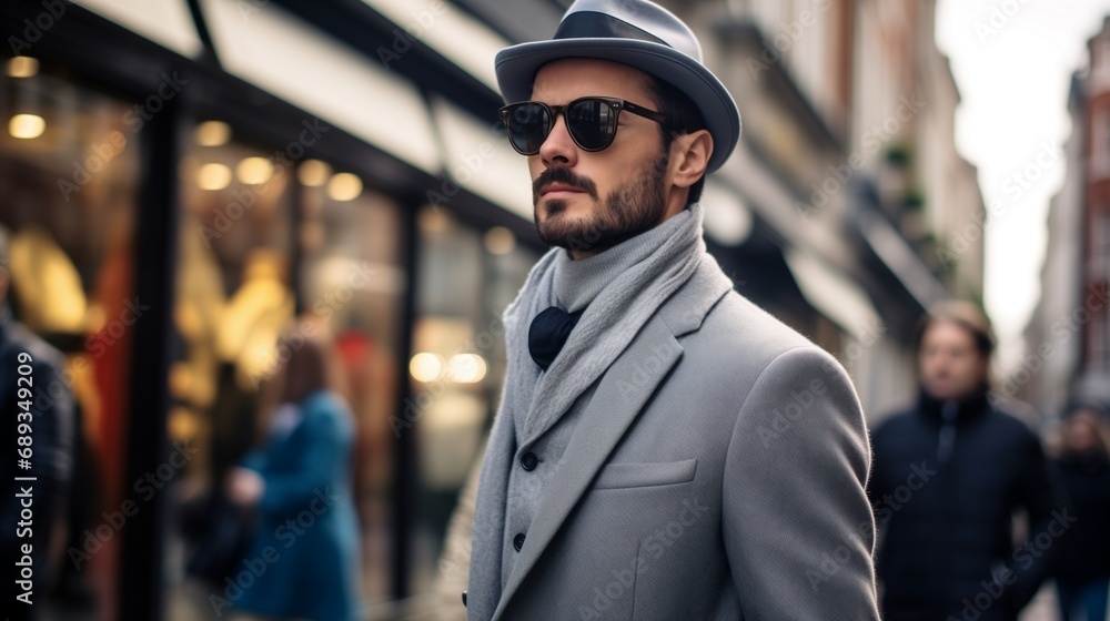 Stylish man wearing sunglasses and white shirt walking on a city street Stylish man wearing sunglasses and white shirt walking on a city street