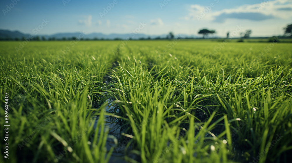 Extreme macro and expansive landscape photography of lush vibrant greennature greenery field depicting depth of field, perspective and environmental conceptual techniques