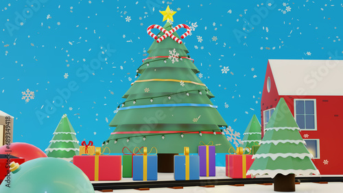 Perfect Christmas winter fairytale landscape. With the train traveling through the snowy forest that reaches the snow-covered wooden house of Santa Claus 