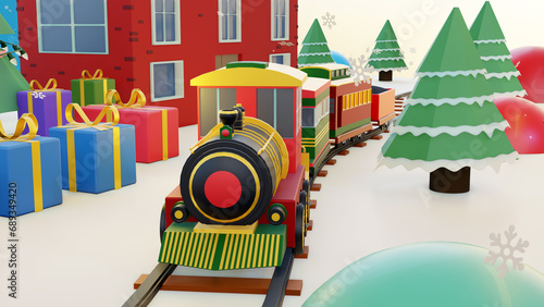 Perfect Christmas winter fairytale landscape. With the train traveling through the snowy forest that reaches the snow-covered wooden house of Santa Claus 