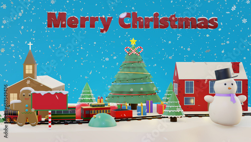 Perfect Christmas winter fairytale landscape. With the train traveling through the snowy forest that reaches the snow-covered wooden house of Santa Claus 