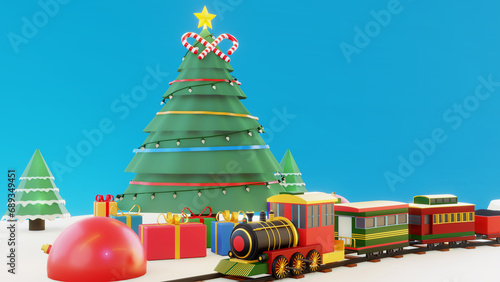 Perfect Christmas winter fairytale landscape. With the train traveling through the snowy forest that reaches the snow-covered wooden house of Santa Claus 