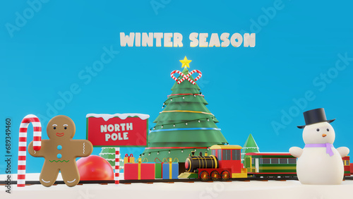 Perfect Christmas winter fairytale landscape. With the train traveling through the snowy forest that reaches the snow-covered wooden house of Santa Claus 