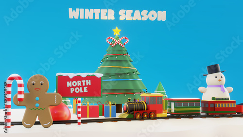 Perfect Christmas winter fairytale landscape. With the train traveling through the snowy forest that reaches the snow-covered wooden house of Santa Claus 