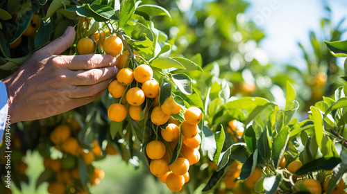Mandarin Harvest: Images of hands reaching out to pluck ripe mandarins from the tree during a bountiful harvest season. photo