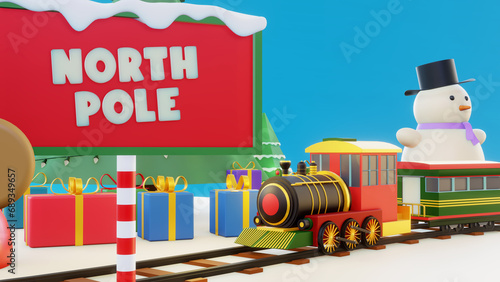 Perfect Christmas winter fairytale landscape. With the train traveling through the snowy forest that reaches the snow-covered wooden house of Santa Claus 