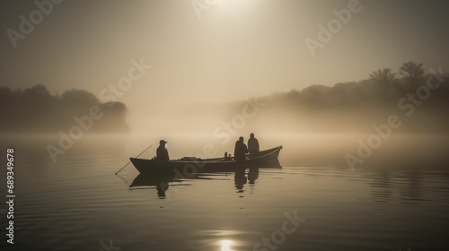 Image of fishermen in a boat, serene morning atmosphere.