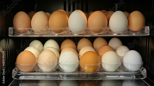Image of fresh chicken eggs neatly arranged in a refrigerator.