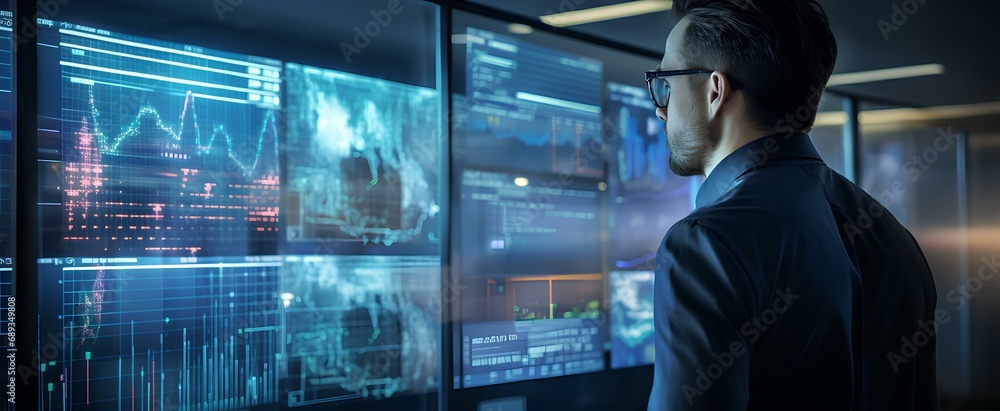 business analyst, deeply engrossed in examining a complex data visualization displayed on a futuristic digital interface. intricate patterns of data and graphs, intensity of the task. generative AI - obrazy, fototapety, plakaty 