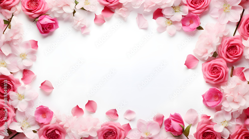 Roses and petals frame for card design, wallpaper, white background, invitation card.