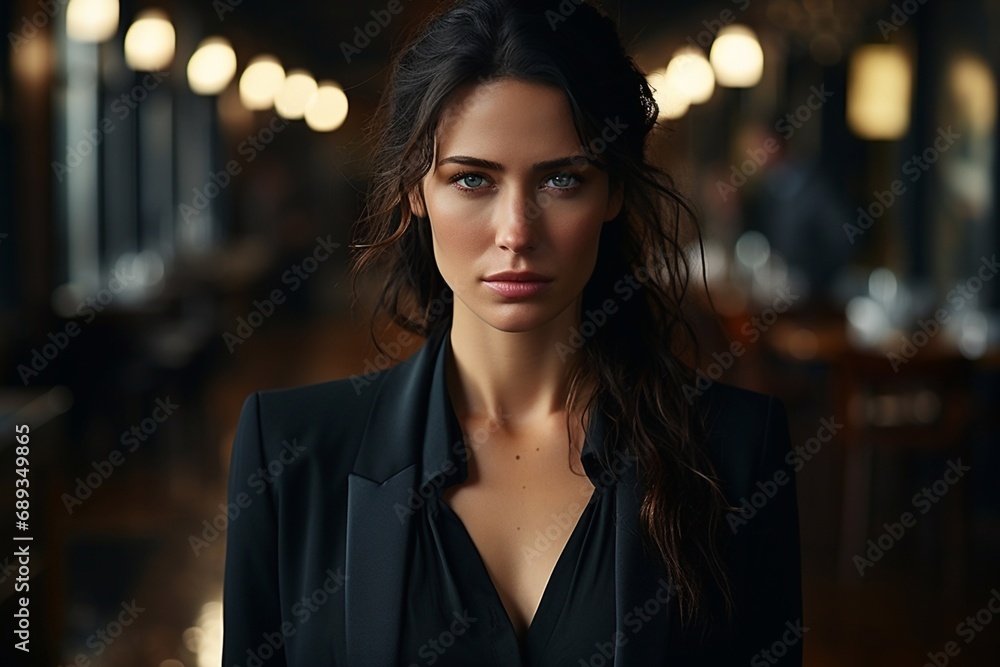 The businesswoman looks into the camera with a serious face. Close-up. The businesswoman looks into the camera with a serious face. Close-up.
