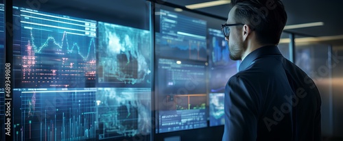 business analyst, deeply engrossed in examining a complex data visualization displayed on a futuristic digital interface. intricate patterns of data and graphs, intensity of the task. generative AI photo