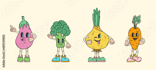 Retro cartoon characters. Groovy vegetables vector set. Eggplant, broccoli, onion and carrot cartoon characters. 70s groovy hippie clipart. Psychedelic funky 60s doodle. Set of retro cartoon stickers.