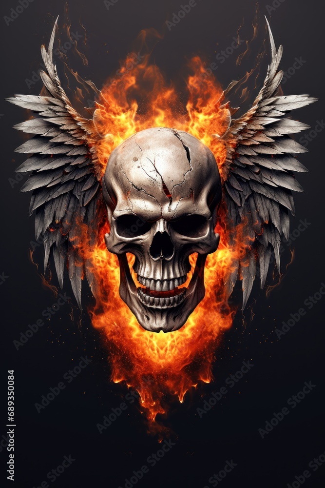 Skull wings on fire, burning skull winged demon, flaming skeleton head