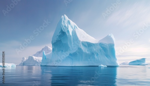 Giant white iceberg in the ocean against a blue sky.