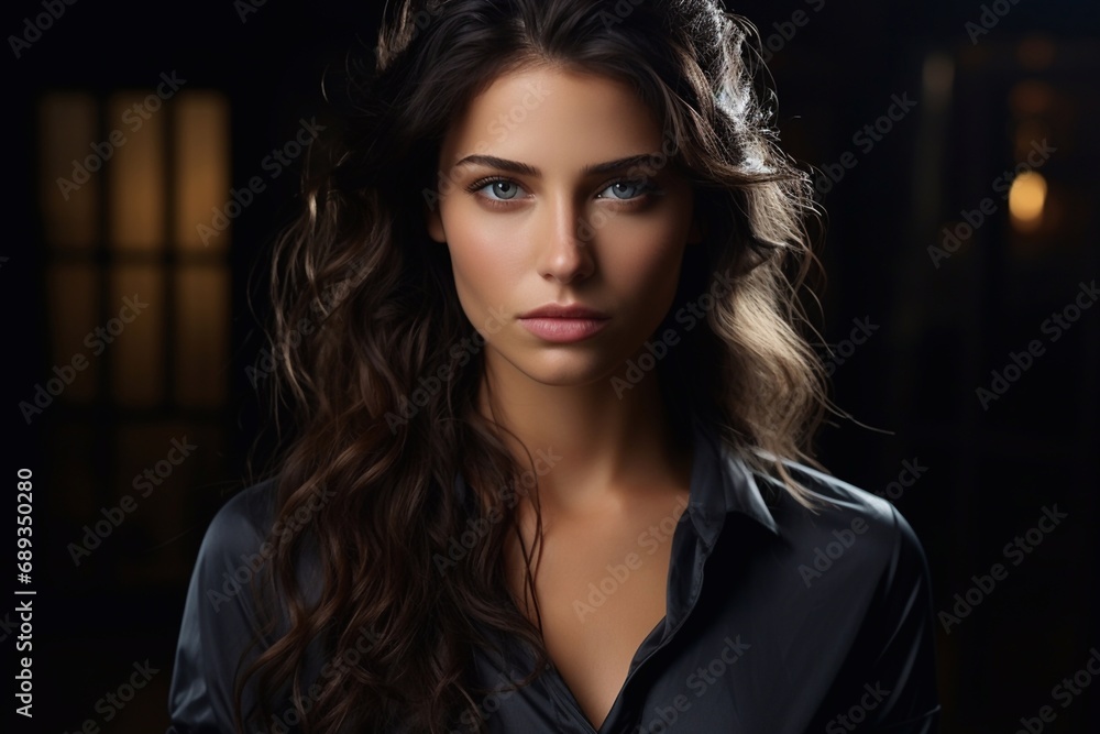 The businesswoman looks into the camera with a serious face. Close-up. The businesswoman looks into the camera with a serious face. Close-up.