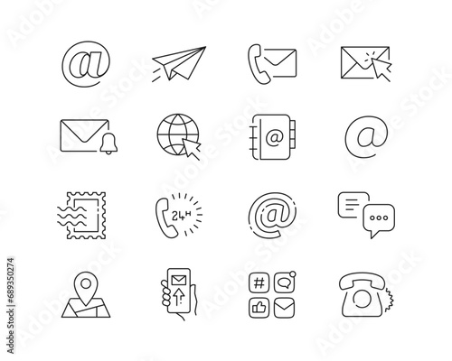 Contact and Address Icon collection containing 16 editable stroke icons. Perfect for logos, stats and infographics. Edit the thickness of the line in Adobe Illustrator (or any vector capable app).