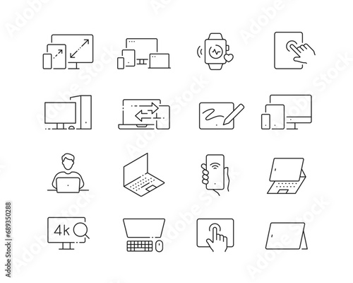 Screen Devices and Tech Icon collection containing 16 editable stroke icons. Perfect for logos, stats and infographics. Edit the thickness of the line in Adobe Illustrator (or any vector capable app).