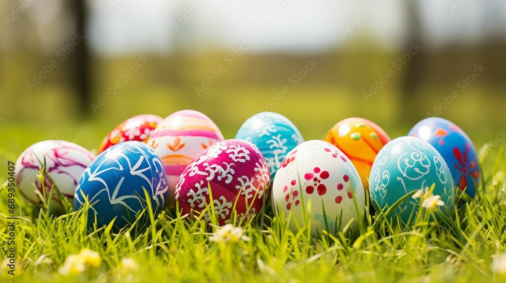Image of painted Easter eggs on a green meadow. Image of painted Easter eggs on a green meadow.