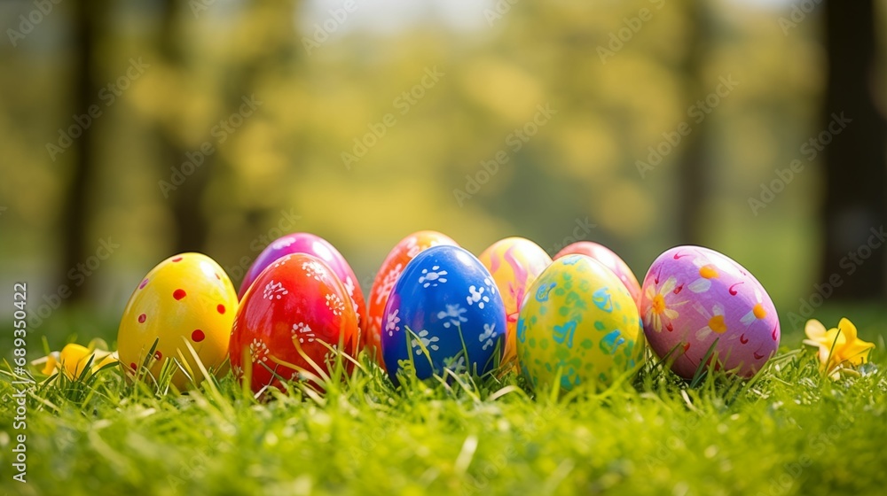 Image of painted Easter eggs on a green meadow.