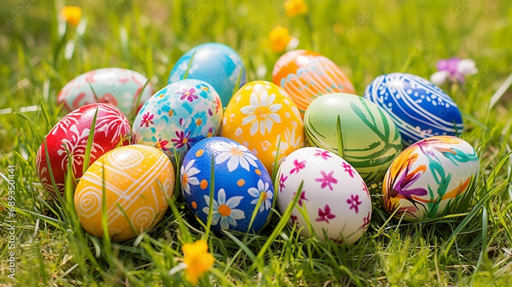 Image of painted Easter eggs on a green meadow. Image of painted Easter eggs on a green meadow.