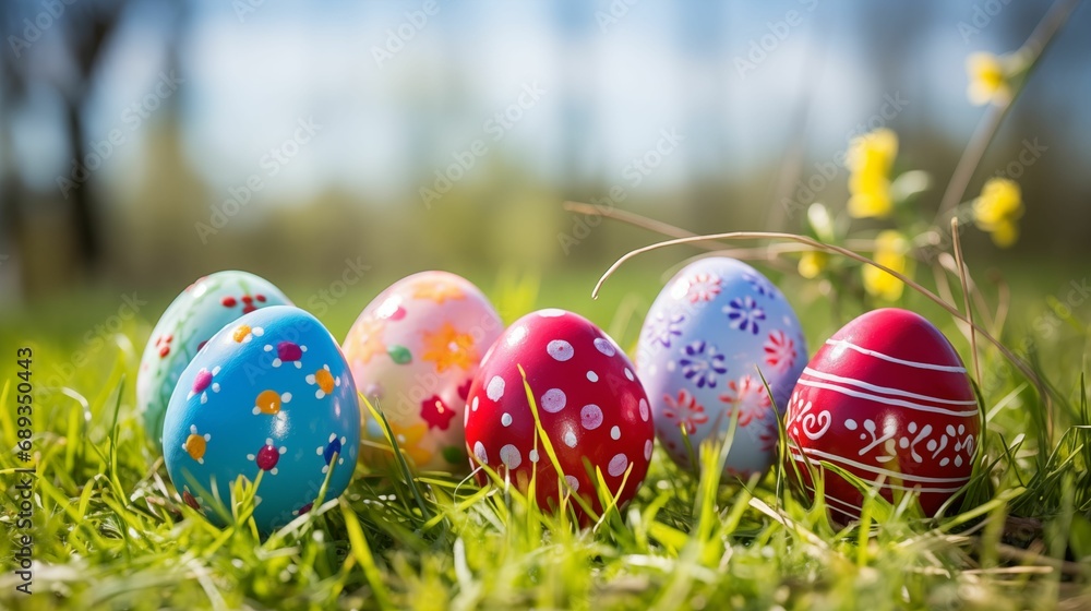 Image of painted Easter eggs on a green meadow. Image of painted Easter eggs on a green meadow.
