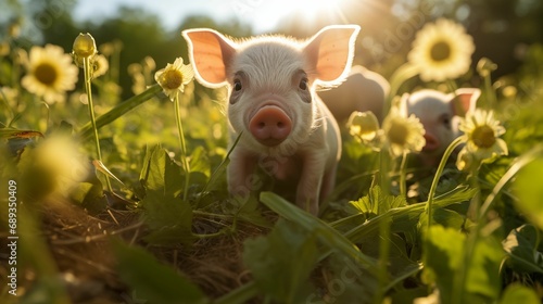 Image of organic piglets grazing freely in a lush green pasture. © kept
