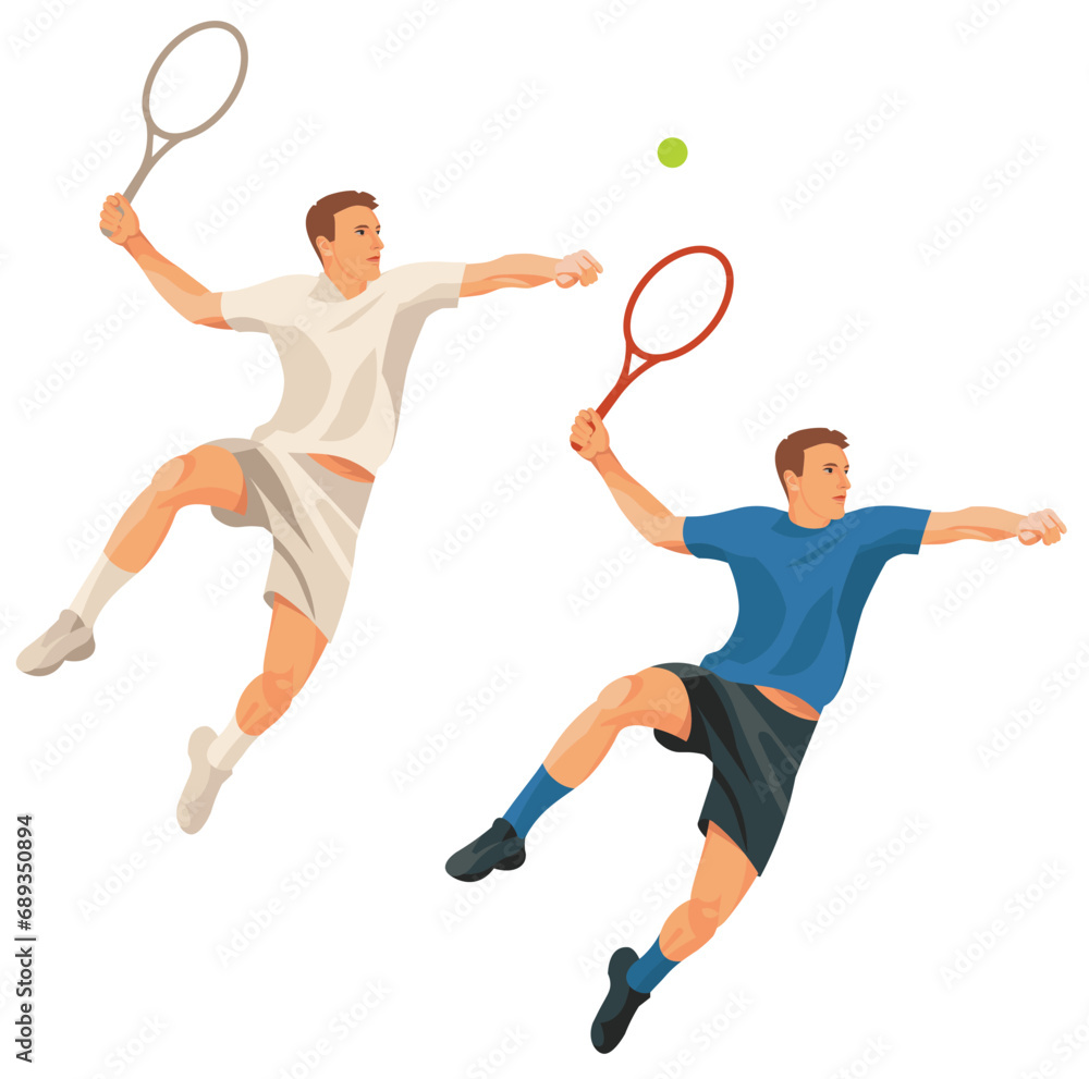 Two figures of a high-jumping tennis player in a white and blue uniform receiving a ball