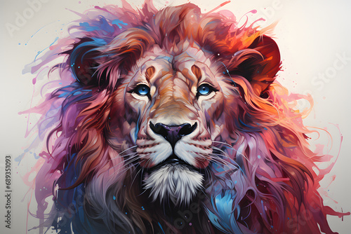 lion, fantasy portrait, colorful illustration. a male lion with a magnificent mane. predator, feline. © MaskaRad