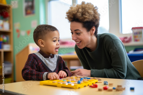 A speech therapist at an inclusive center works with a child with autism generative ai photo