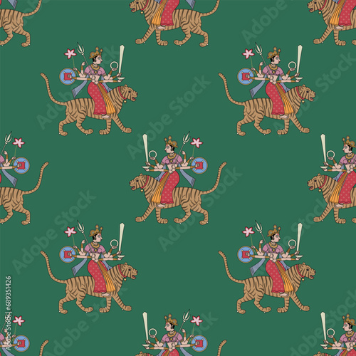 Seamless ethnic pattern with Hindu warrior goddess Durga riding a tiger. Traditional Indian folk motif. On green background.