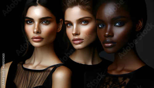 Three vibrant young women from different cultural backgrounds pose side by side