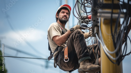 electrician on a power pole repairing wiring generative ai photo