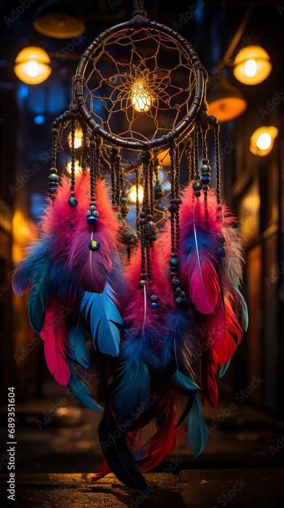 Fototapeta premium Vibrant dream catcher with multicolored feathers, each one lit by a different neon light, against a backdrop of urban darkness.