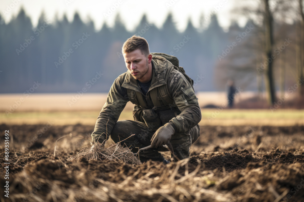 sapper soldier checking the ground for mines clearing mines generative ai