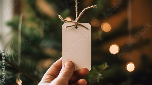 A hand holding a white gift tag, in the style of craftcore, blurry gift package in background wrapped in cardstock paper and hemp rope photo