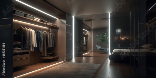Modern interior of wardrobe in luxury house.