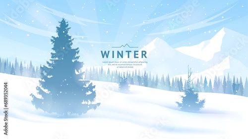 A frosty day in the mountains. Fir trees in snow drifts, mountain peaks and forest in the background. Snowfall. Clear sky and sunlight. Design for banner, greeting card, wallpaper, web background.