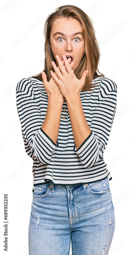 Beautiful blonde woman wearing casual clothes shocked covering mouth with hands for mistake. secret concept. Beautiful blonde woman wearing casual clothes shocked covering mouth with hands for mistake. secret concept.