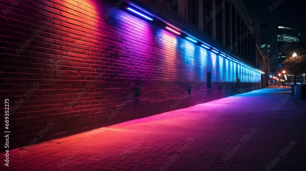 Neon lights casting a glow on textured brick walls.