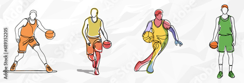 Farbenfrohe Ballkünstler: Lineart Vektorgrafik-Bundle von Basketballspielern in lebendigen Outfits