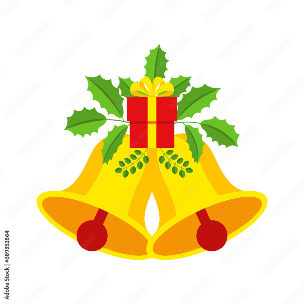 Two Christmas bells with gift box and floral garland.