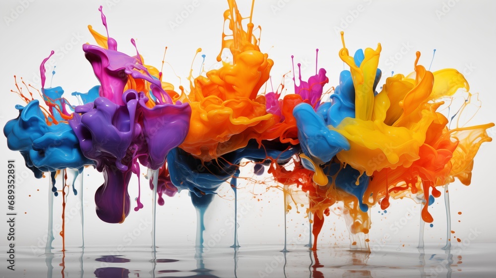 Splashes of multicolored spray dance on a white background.