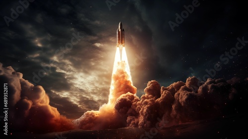 The rocket soars into space, leaving behind a plume of fiery exhaust gases. © kept