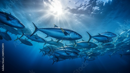 Swarm of tuna fish swimming in the sea. photo
