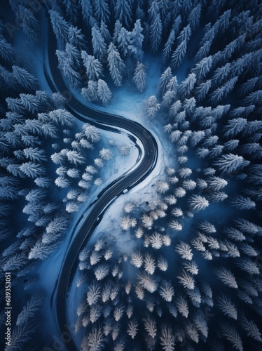 Luftaufnahme einer kurvenreichen Straße im Wald, im Stil von Schneeszenen, präzisen Linien und Formen, symmetrischem Design, inspiriert von optischen Illusionen © GreenOptix